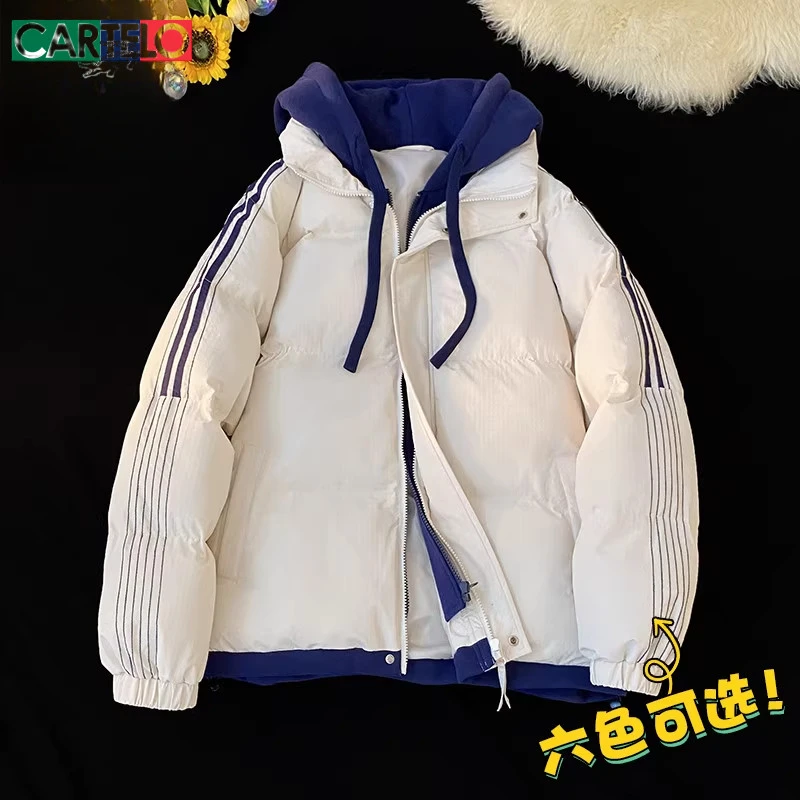 卡帝乐鳄鱼假两件棉衣男士加厚防风防寒服冬季情侣款连帽棉服外套