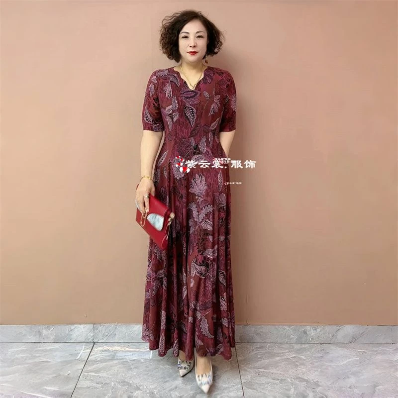 阔太太夏季短袖长款连衣裙弹力时尚中年妈妈装遮肉显瘦大摆裙