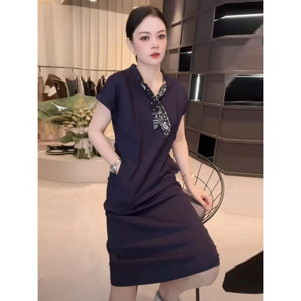 气质显瘦优雅时尚褶皱圆领夏季吸汗拼接短袖连衣裙设计师洋气百搭