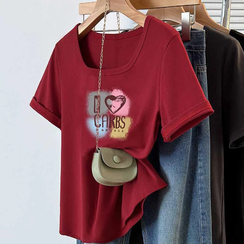 t恤显瘦时尚夏季宽松印花韩版大码洋气休闲百搭修身方领体恤衫