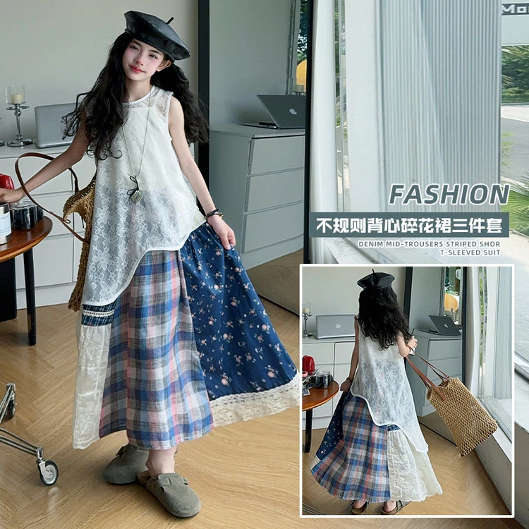 女童装2025新款洋气复古夏装高腰衣服时尚宽松爆款度假夏天短袖