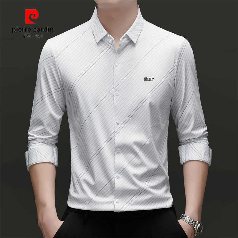 皮尔卡丹正品春季男士长袖休闲衬衫商务衬衣高品质冰丝竖条纹衬衫
