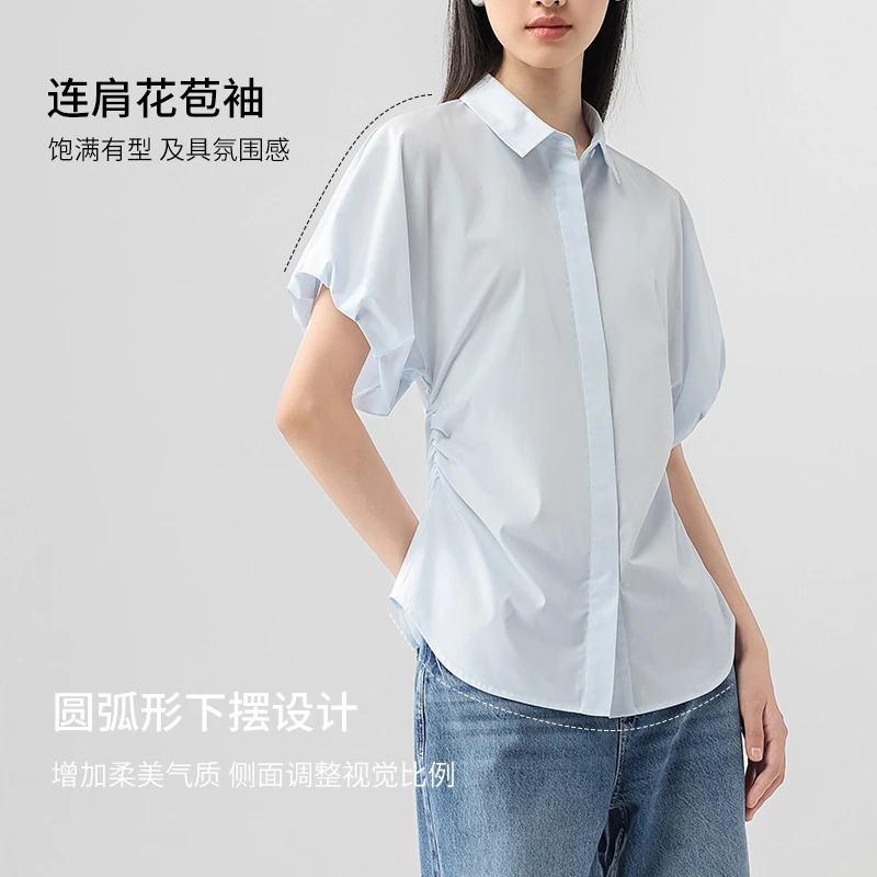 薄修身型短袖花朵法式包袖衬衫薄款女士白色柔美工装夏季休闲