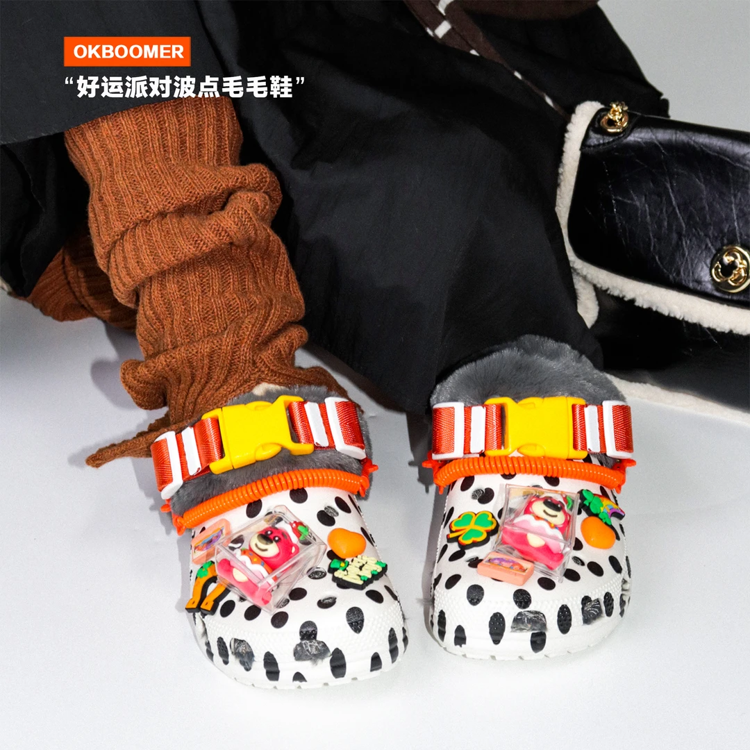 OKBOOMER好运派对波点加绒毛毛鞋秋冬保暖时尚女生巨好看大明星款