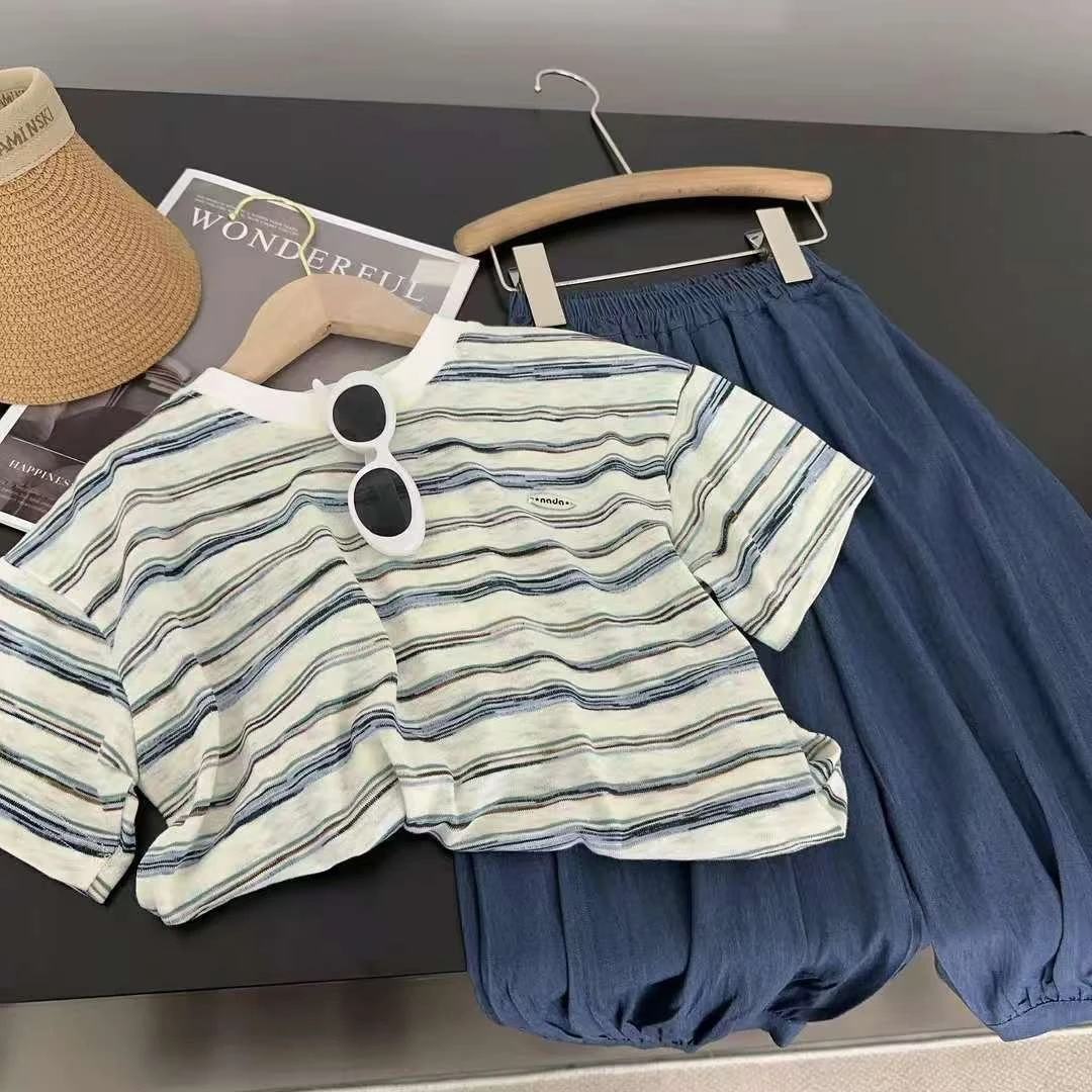 男童夏季新款套装儿童洋气宝宝条纹短袖休闲薄款防蚊灯笼裤酷 YQ