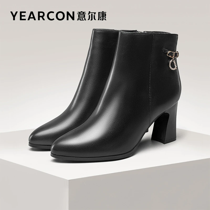 意尔康女靴秋冬季新款真皮女短靴加绒尖头时装靴高跟27106W