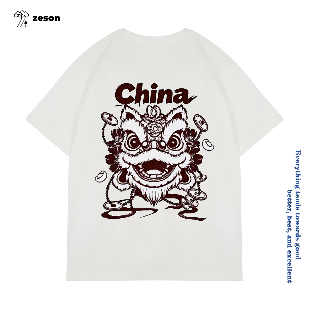 Zeson圆领国潮舞狮日常青春活力T恤短袖男纯棉印花上衣嘻哈街头