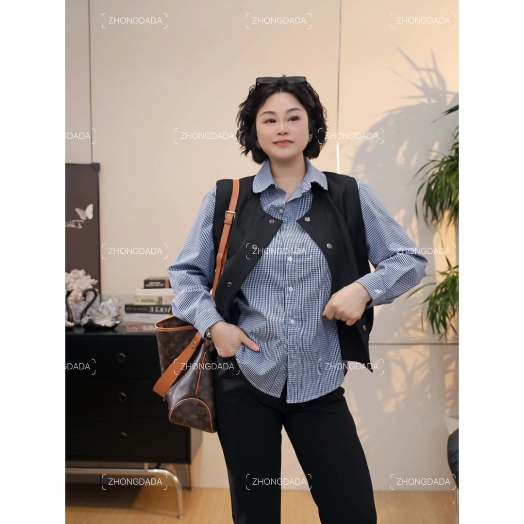 ZHONG大大【】港式复古格子长袖衬衫女秋季新款外搭休闲衣11975