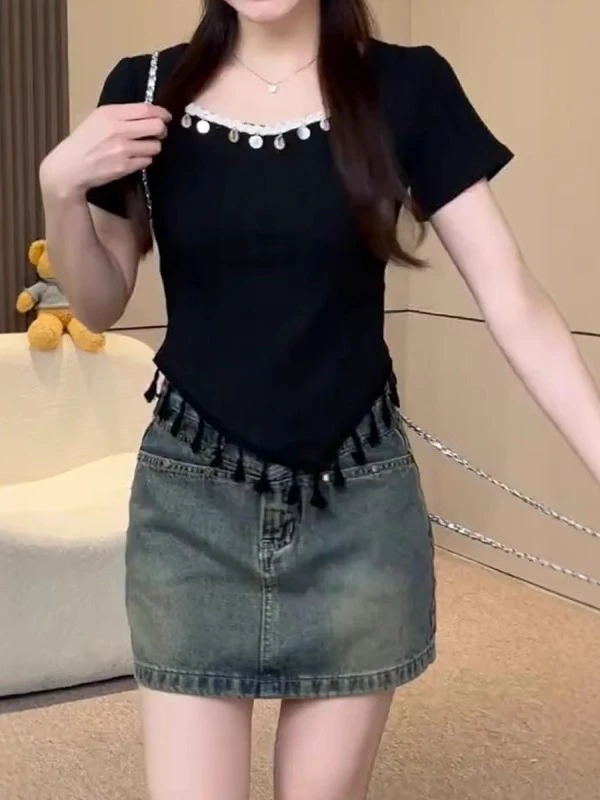 大码胖mm设计感流苏不规则短袖T恤女夏季修身显瘦独特别致小上衣