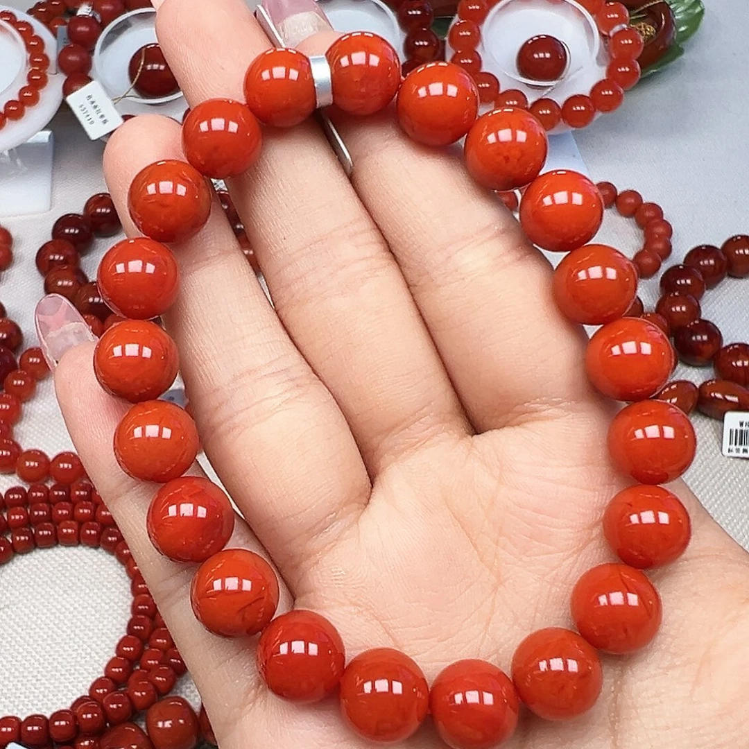 南红玛瑙未镶嵌手串精品 九口老料柿子红卡10mm+