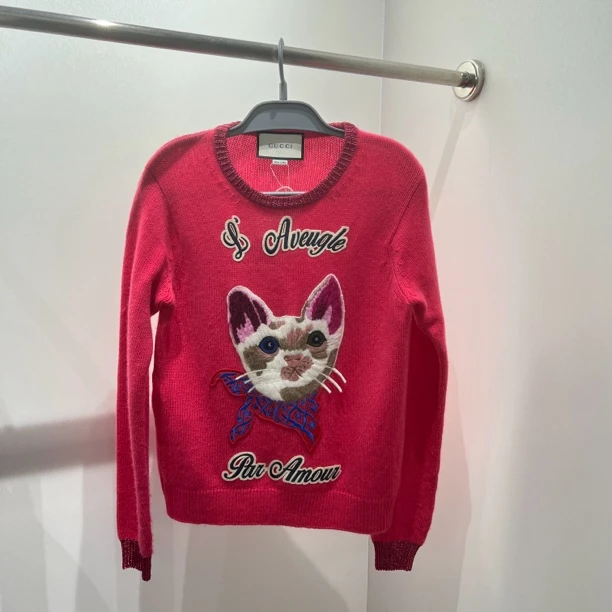 99新 GUCCI/古驰 ag145 猫头刺绣logo针织毛衣 m码 羊绒