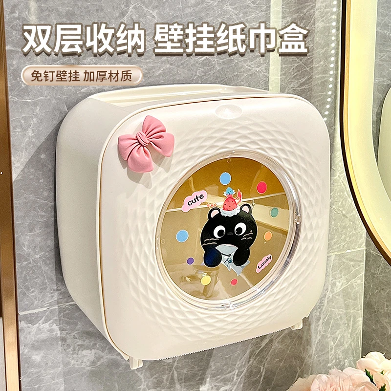 卫生间猫咪纸巾盒壁挂免打孔防水抽纸盒创意大卷纸盒厕所收纳盒