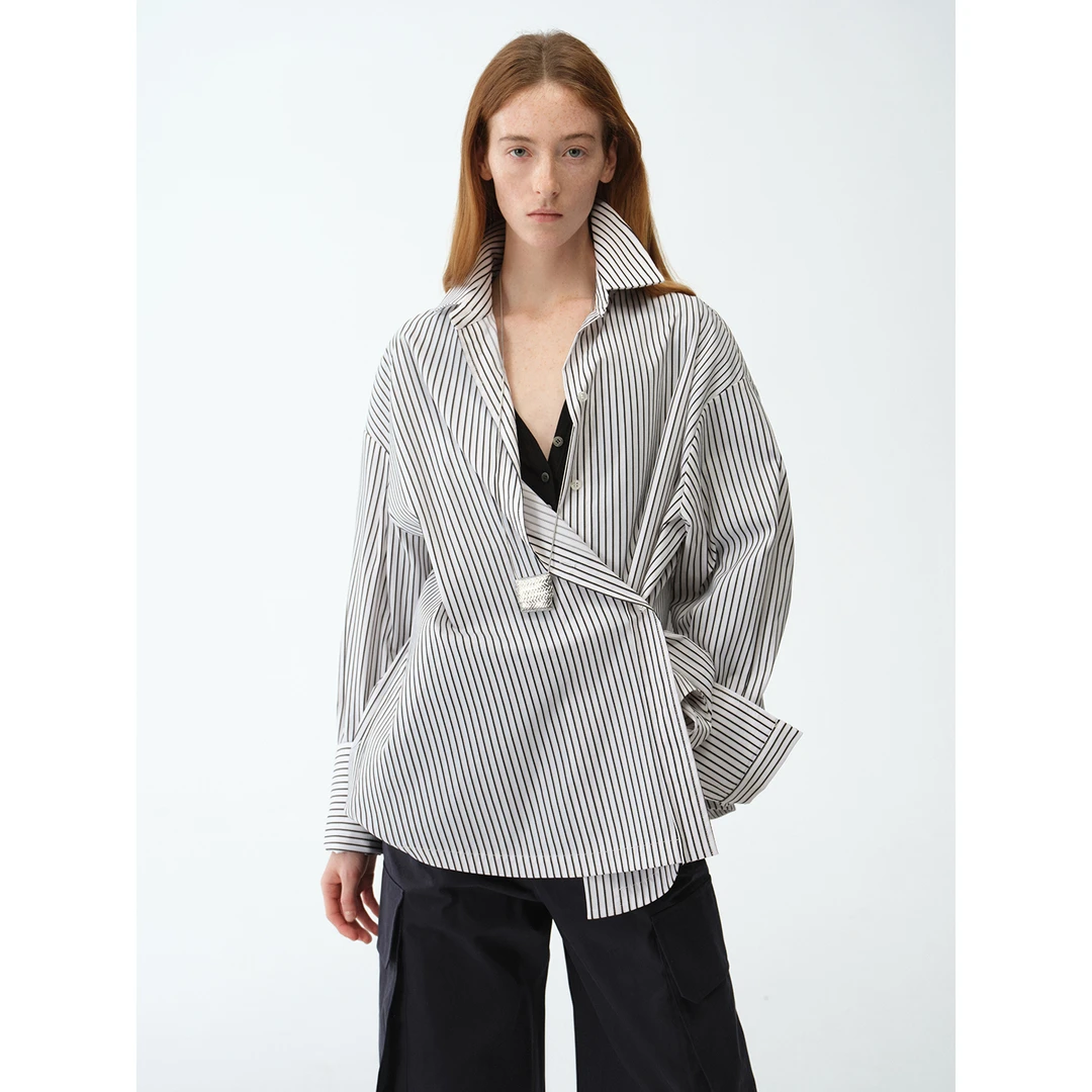 付智恩 条纹幻想 休闲知识分子风不对称斜门襟两穿条形长袖衬衫