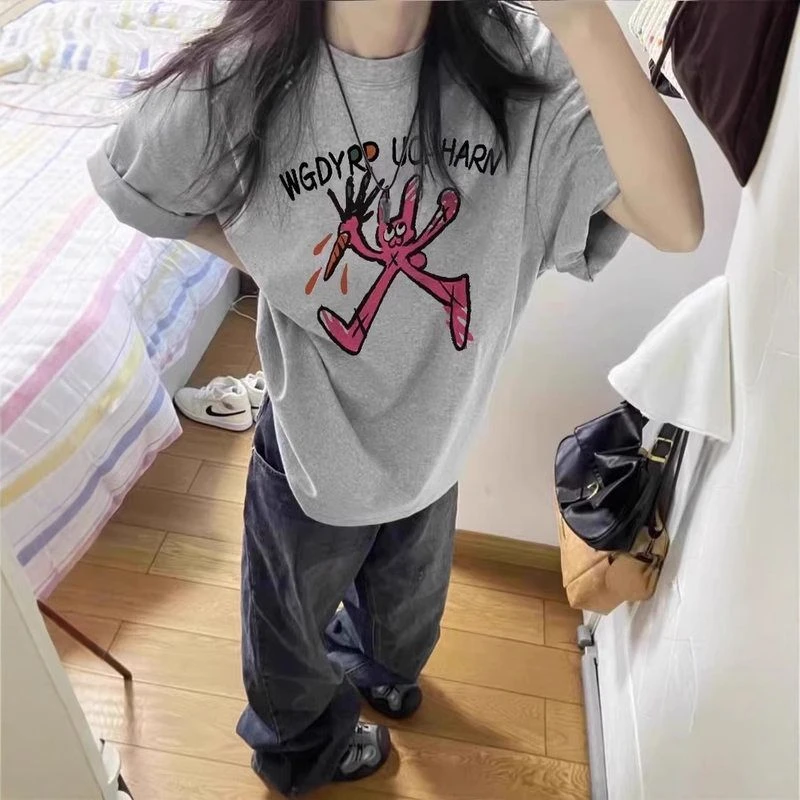 「搞怪粉兔」童趣减龄2025夏季大码女装纯棉短袖T恤百搭休闲