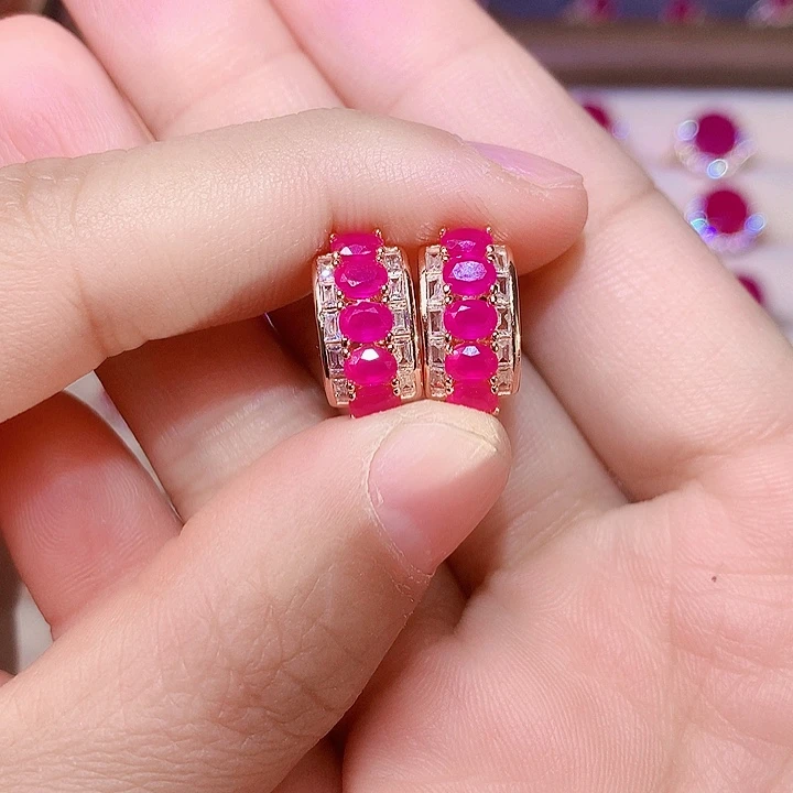 红宝石耳饰银S925镶嵌