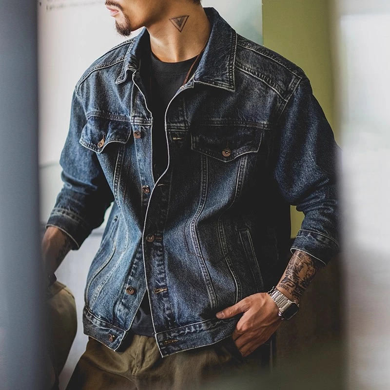 美式高端复古水洗蓝色牛仔外套男春秋新款阿美咔叽宽松工装夹克潮