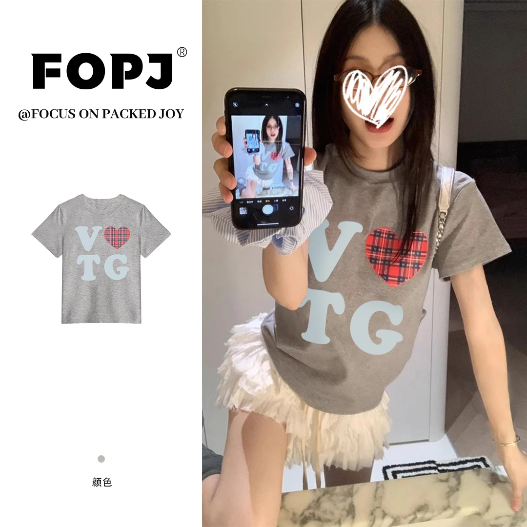 FOPJ设计感趣味印花美式复古短袖t恤女学院风修身显瘦ins甜美上衣