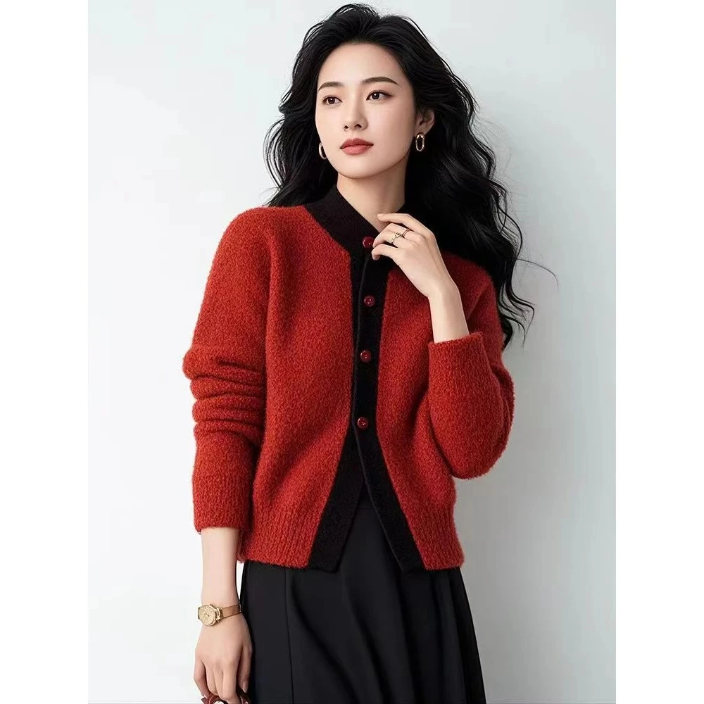 2025秋冬新款新年红撞色简约时尚针织开衫洋气时尚喜庆毛衣上衣女
