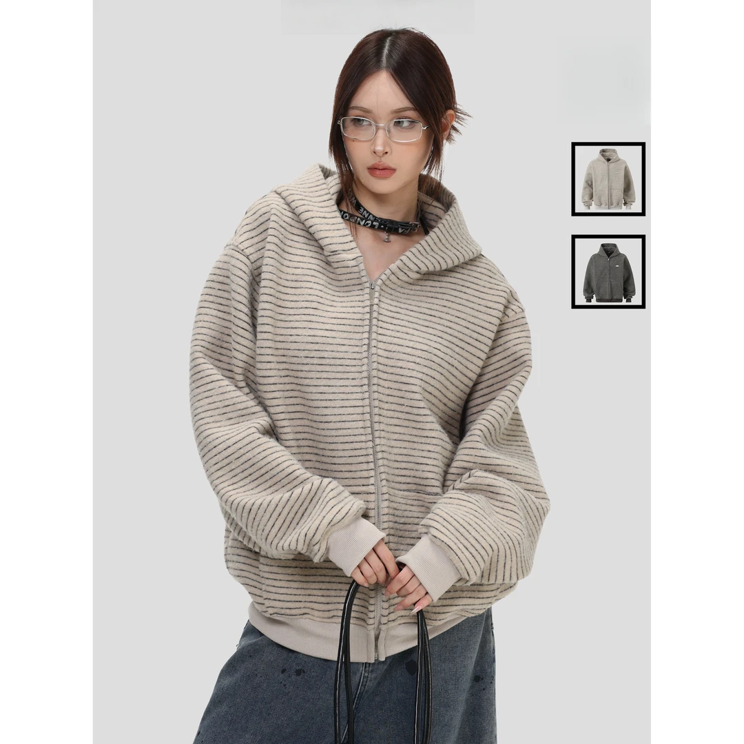 国潮情侣美式「绒感条纹连帽卫衣」宽松拉链开衫外套