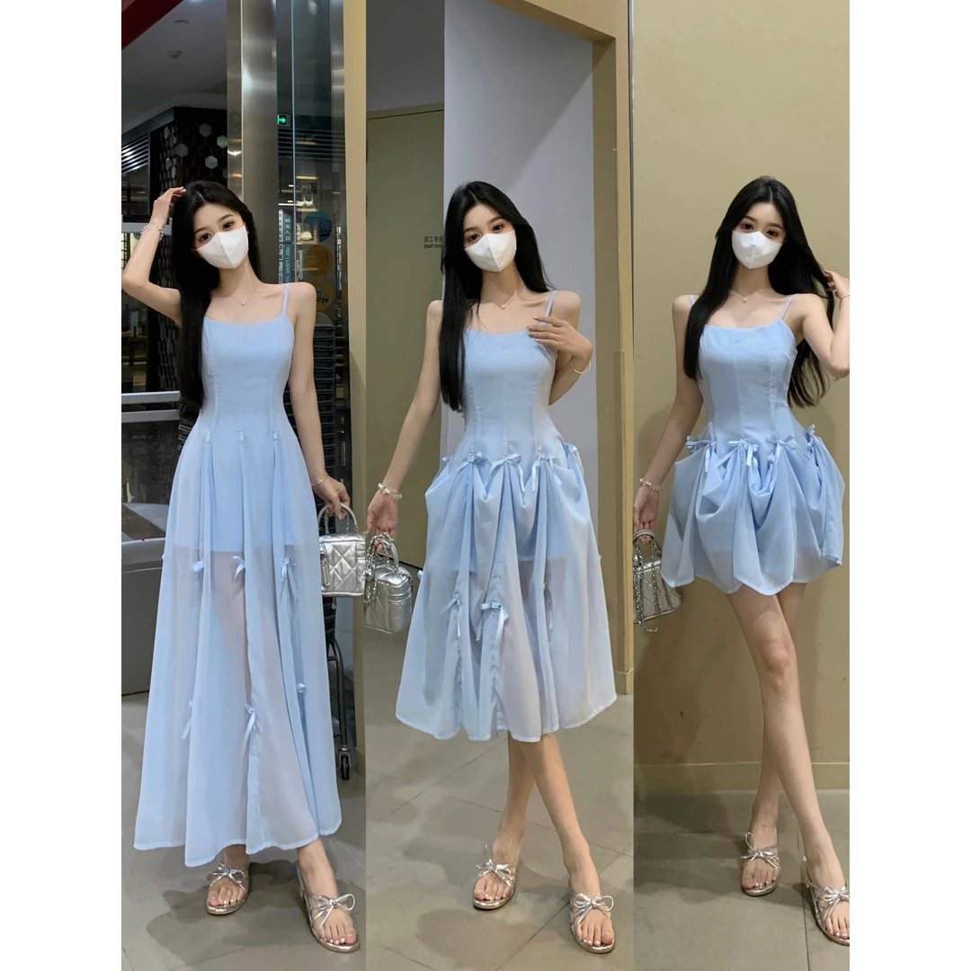 微胖女生夏季温柔风蝴蝶结吊带连衣裙一裙三穿收腰长裙
