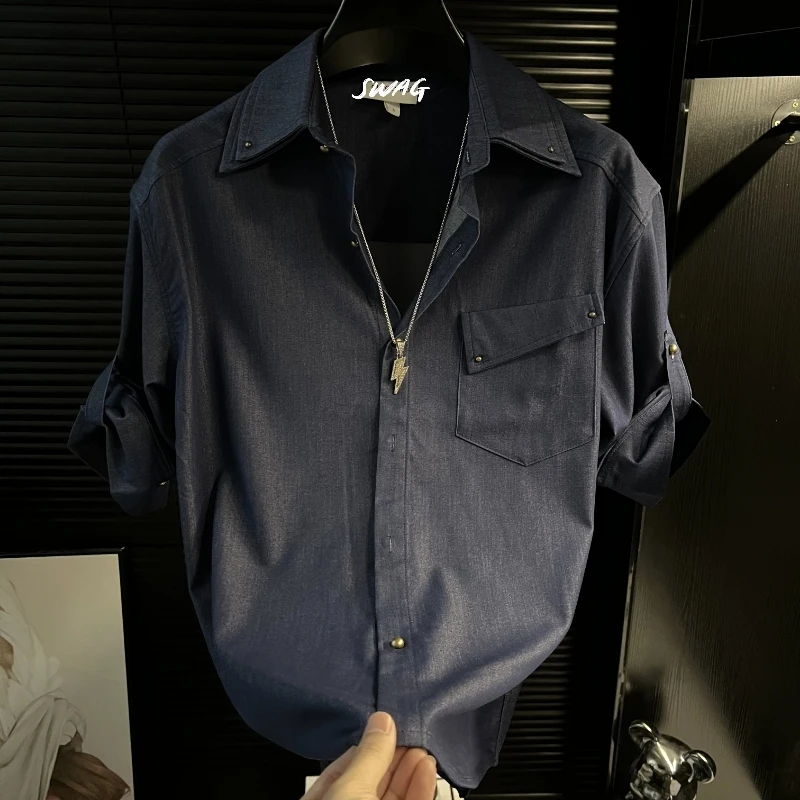 HZ-2025夏季新款男士短袖冰丝牛仔衬衫不规则口袋设计感宽松衬衣