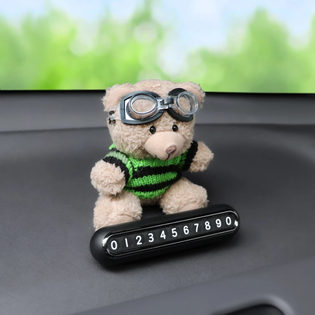 飞行员小熊公仔汽车挪车电话牌临时停车卡电话号码装饰玩偶车内女