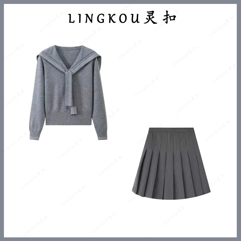 秋冬穿搭一整套女2025新款韩系学院风针织毛衣配显瘦百褶裙两件套