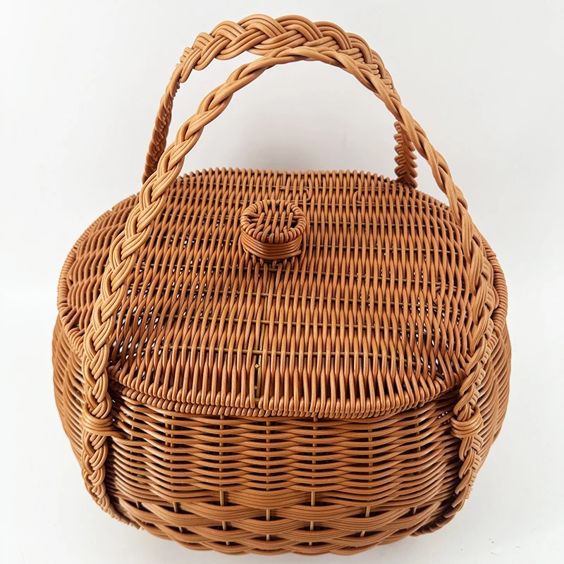 K55棕色旦形双提手带盖野餐篮纯手工编织特大号35*25*25