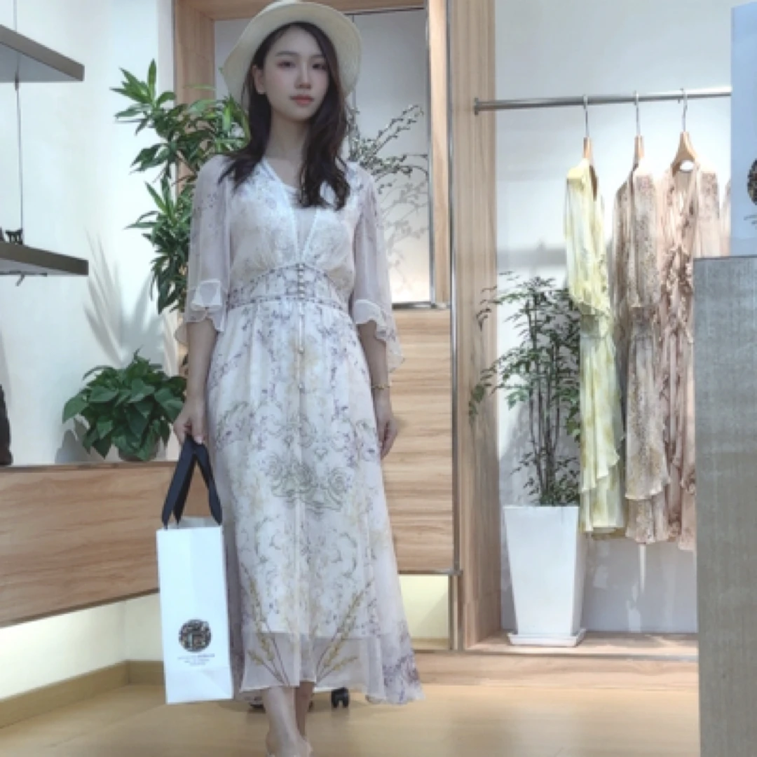 9013真丝气质设计师百搭印花收腰轻奢女士夏季真丝连时尚夏碎花裙