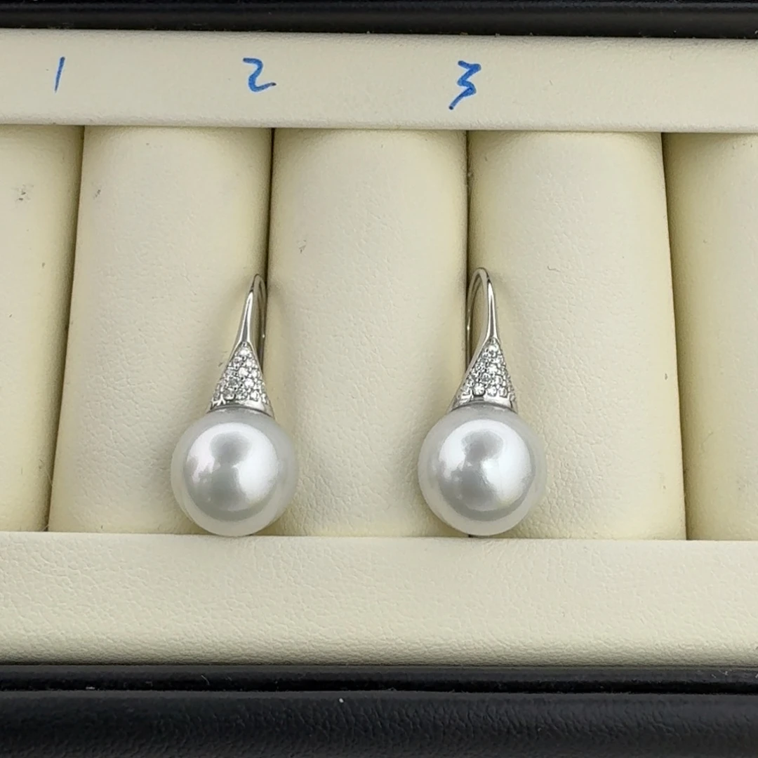 海水珍珠耳饰银S925镶嵌澳白正圆微瑕冷白光11.5mm