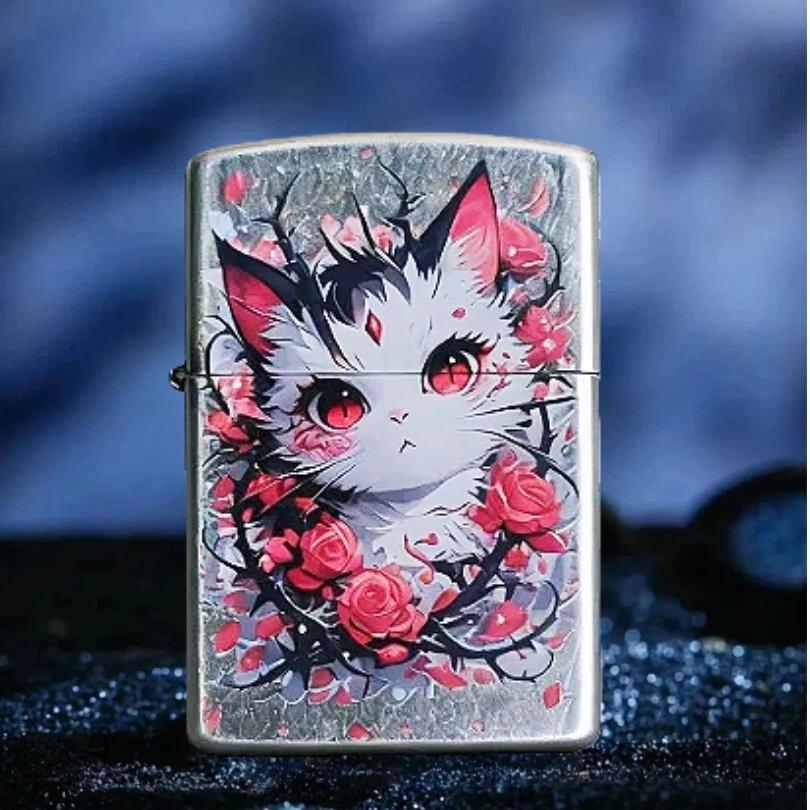 玫瑰花猫煤油防风打火机男士送男友达人无油
