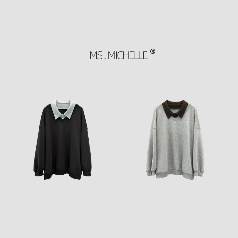 MS.MICHELLE 宽松休闲慵懒风miu里miu气的假两件百搭撞色卫衣7001