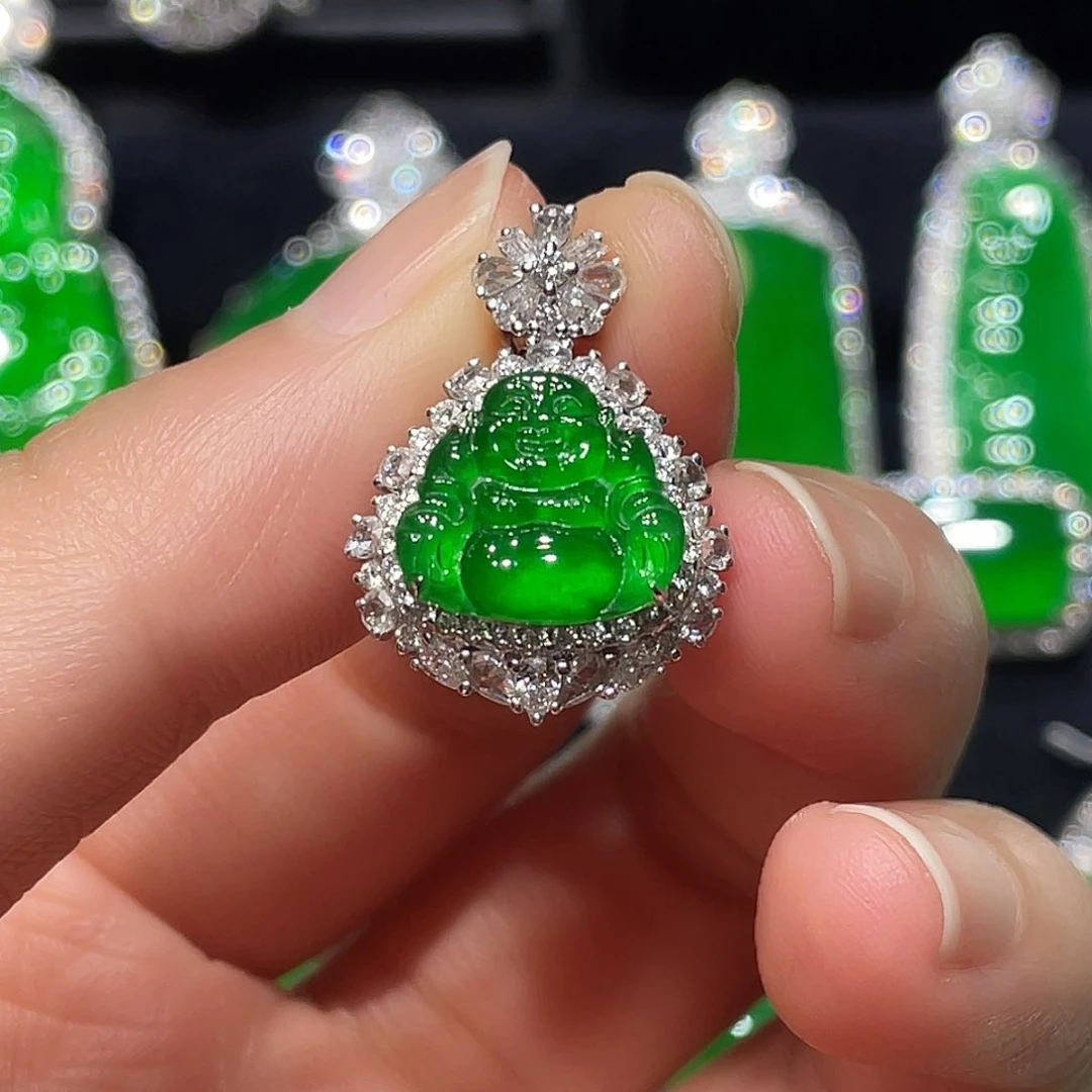 翡翠吊坠(不含链)18K金镶嵌佛公