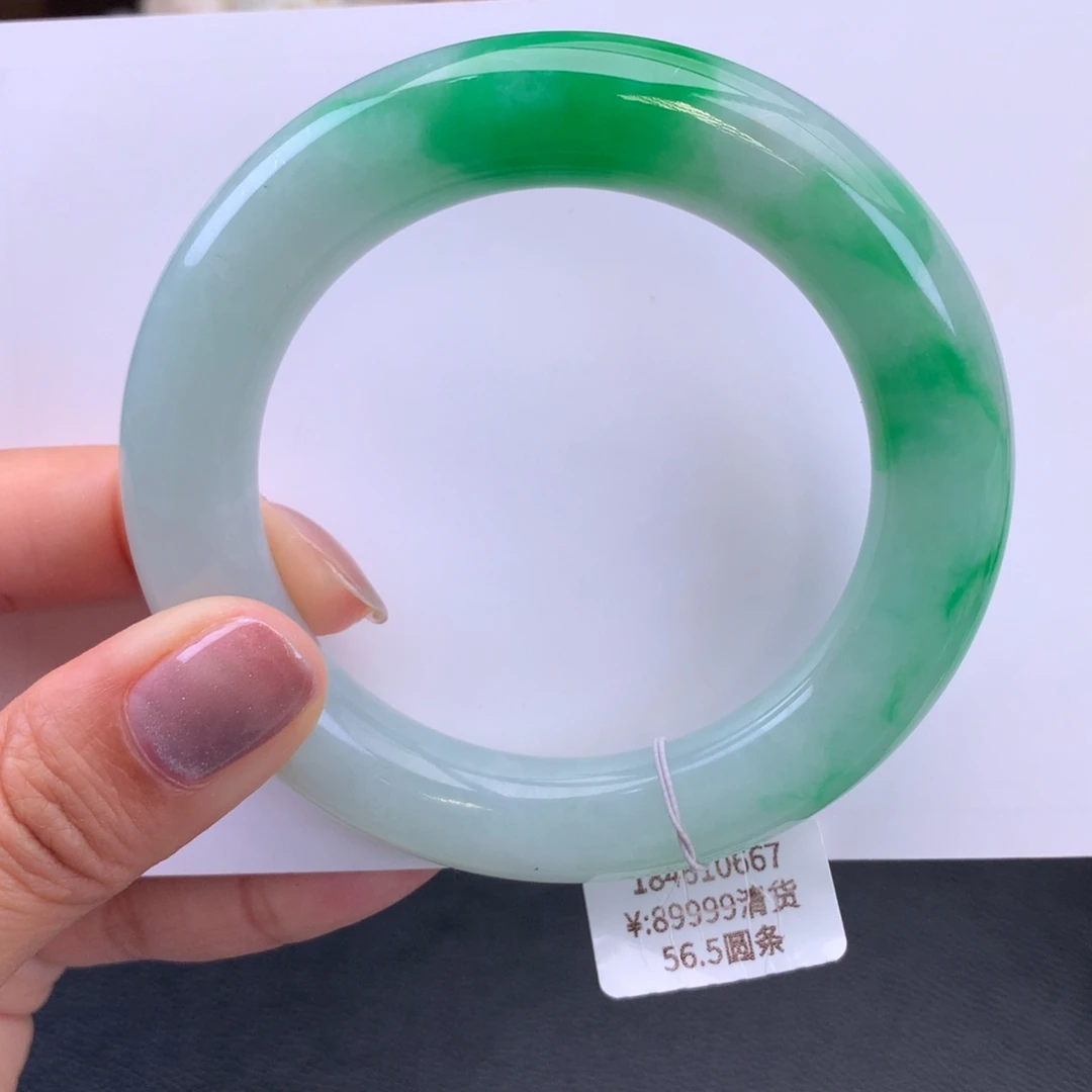 翡翠手镯未镶嵌糯冰辣绿胖圆条手镯