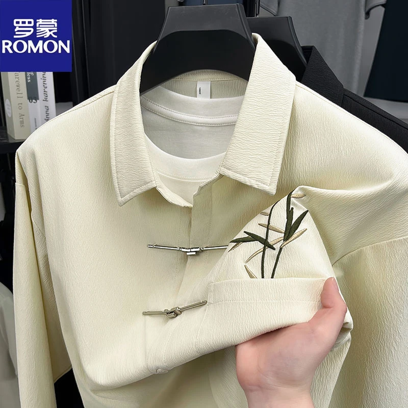 罗蒙中国风盘扣长袖衬衫男国风刺绣宽松休闲上衣薄款外穿个性衬衣