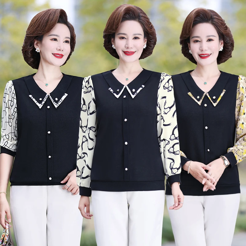 春秋装新款长袖印花娃娃领打底衫洋气小衫中老年女时尚减龄T恤女