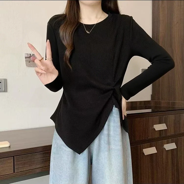 大码黑色正肩t恤长袖女2025新款秋季胖mm不规则遮肚显瘦微胖上衣