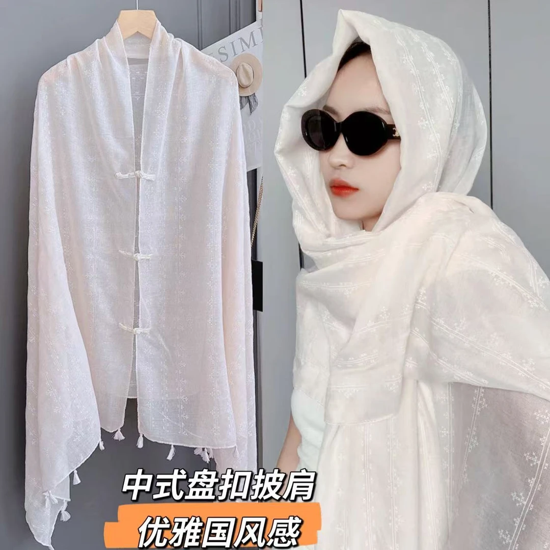 新中式民族风刺绣花卉披肩古风盘扣开衫宽松长款女棉混纺旅游围巾