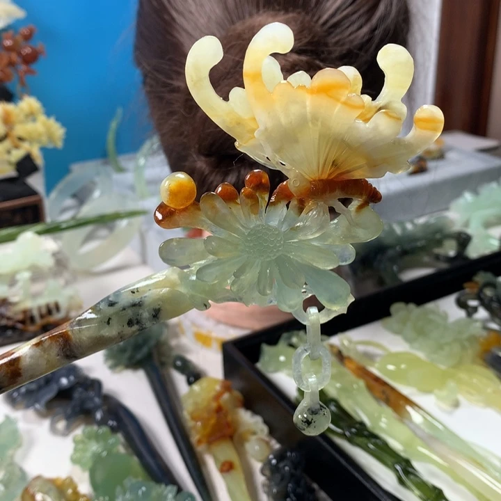 未镶嵌蛇纹石玉发簪秋*