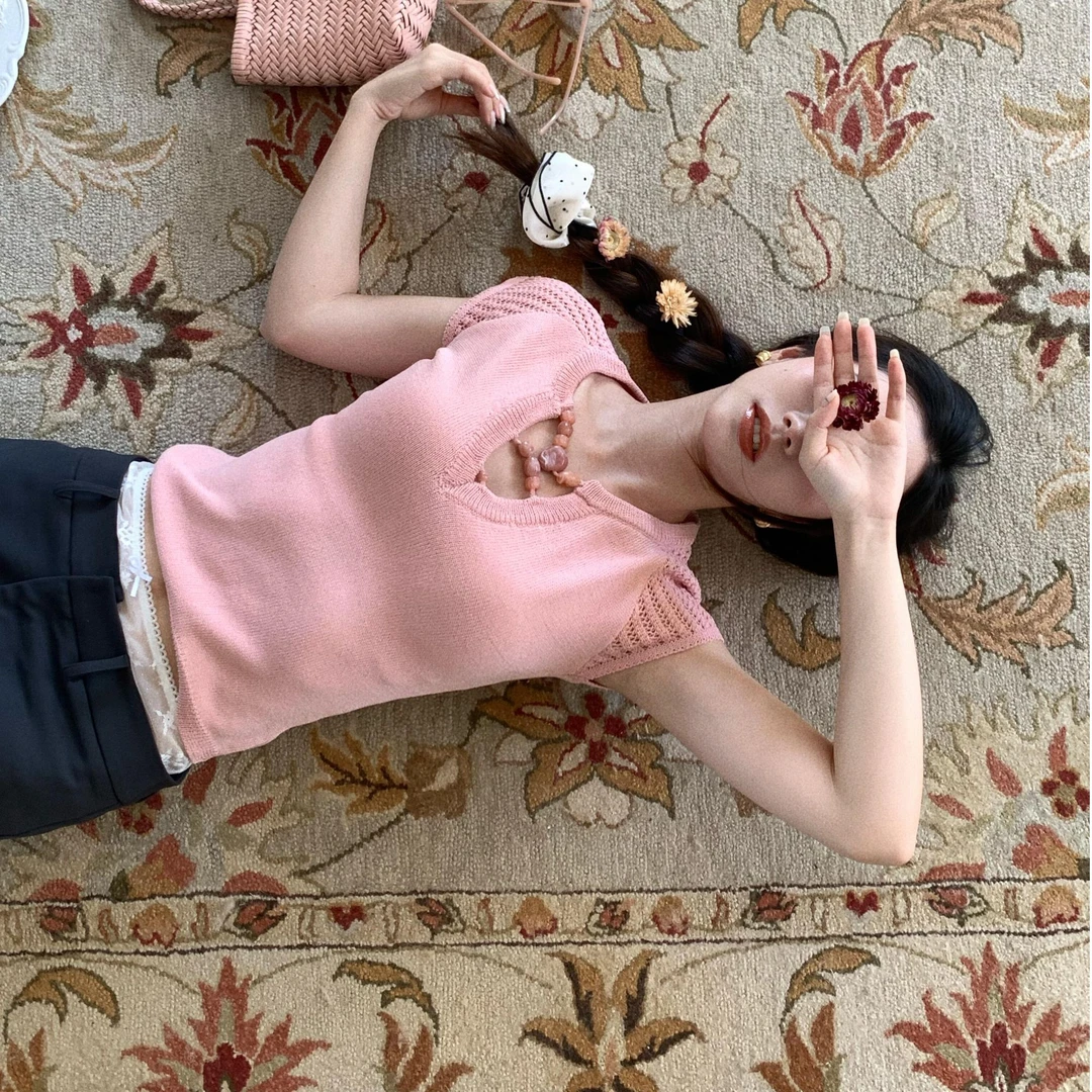 纯欲辣妹V领串珠短袖针织T恤女夏季小众设计感修身显瘦外穿上衣潮