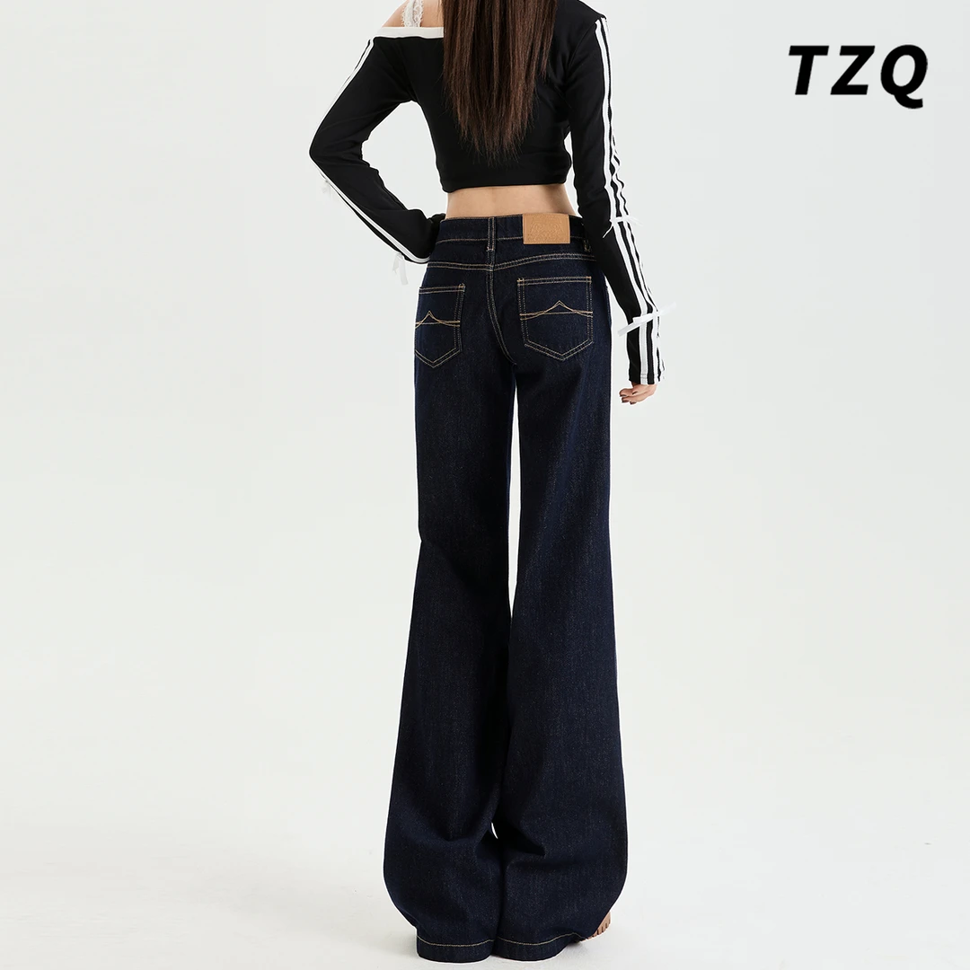 深蓝色低腰牛仔裤女款爆款2025秋冬新款百搭宽松显瘦拖地喇叭裤子