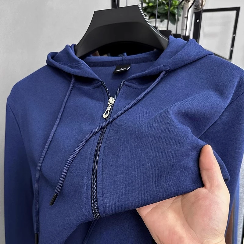 春季新款纯棉卫衣男拉链开衫宽松运动外套中青年纯色正肩连帽衫潮