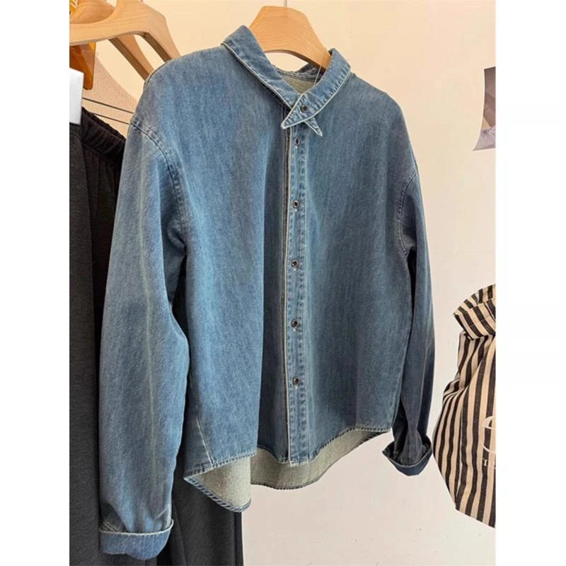 小众设计感交叉小领子休闲牛仔衬衫女款秋冬春季新款长袖百搭衬衣