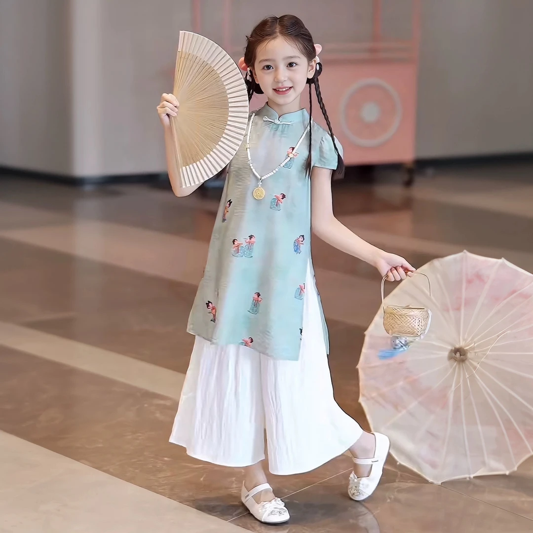 女童旗袍套装夏季薄款女童洋气连衣裙新中式复古风汉服