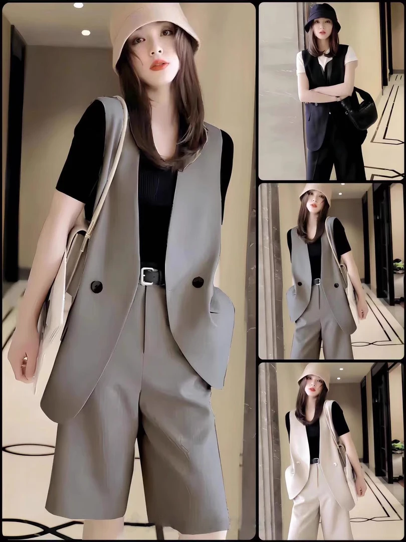 时尚休闲西装马甲套装女高级感2025新款春季马夹短裤两件套宽松潮