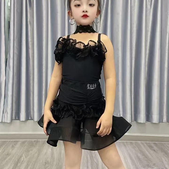 专业舞蹈服少儿拉丁舞女童黑色吊带露背大摆裙练习演出服分体套装