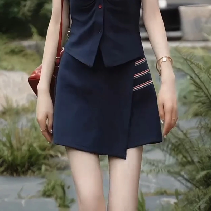时尚高腰显瘦半身裙女士夏季薄款拼色不规则裙子百搭气质洋气短裙