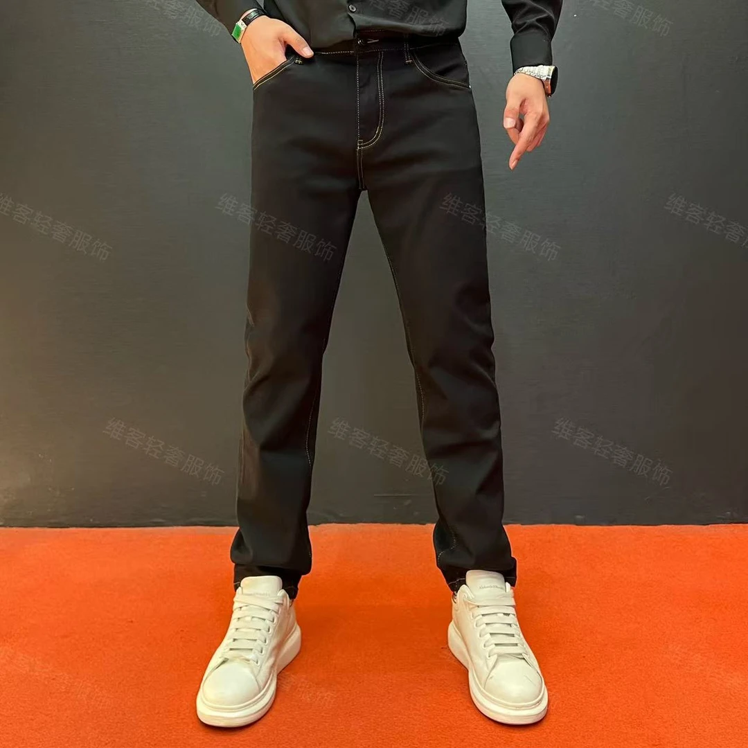 《WEIKE》117秋冬黑色明线锁色 男士修身小直筒百搭牛仔裤