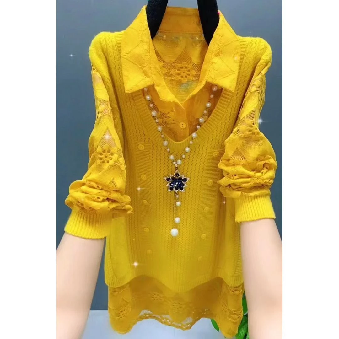 2025春秋新款长袖针织衬衫女时尚宽松显瘦蕾丝拼接衬衣小衫两件套