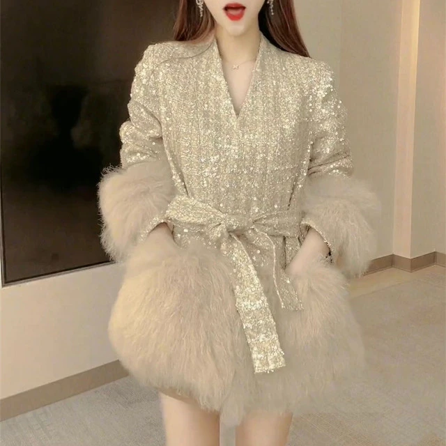 设计感外套女2025秋冬季新款亮面粗花呢拼接毛毛保暖显瘦减龄外套